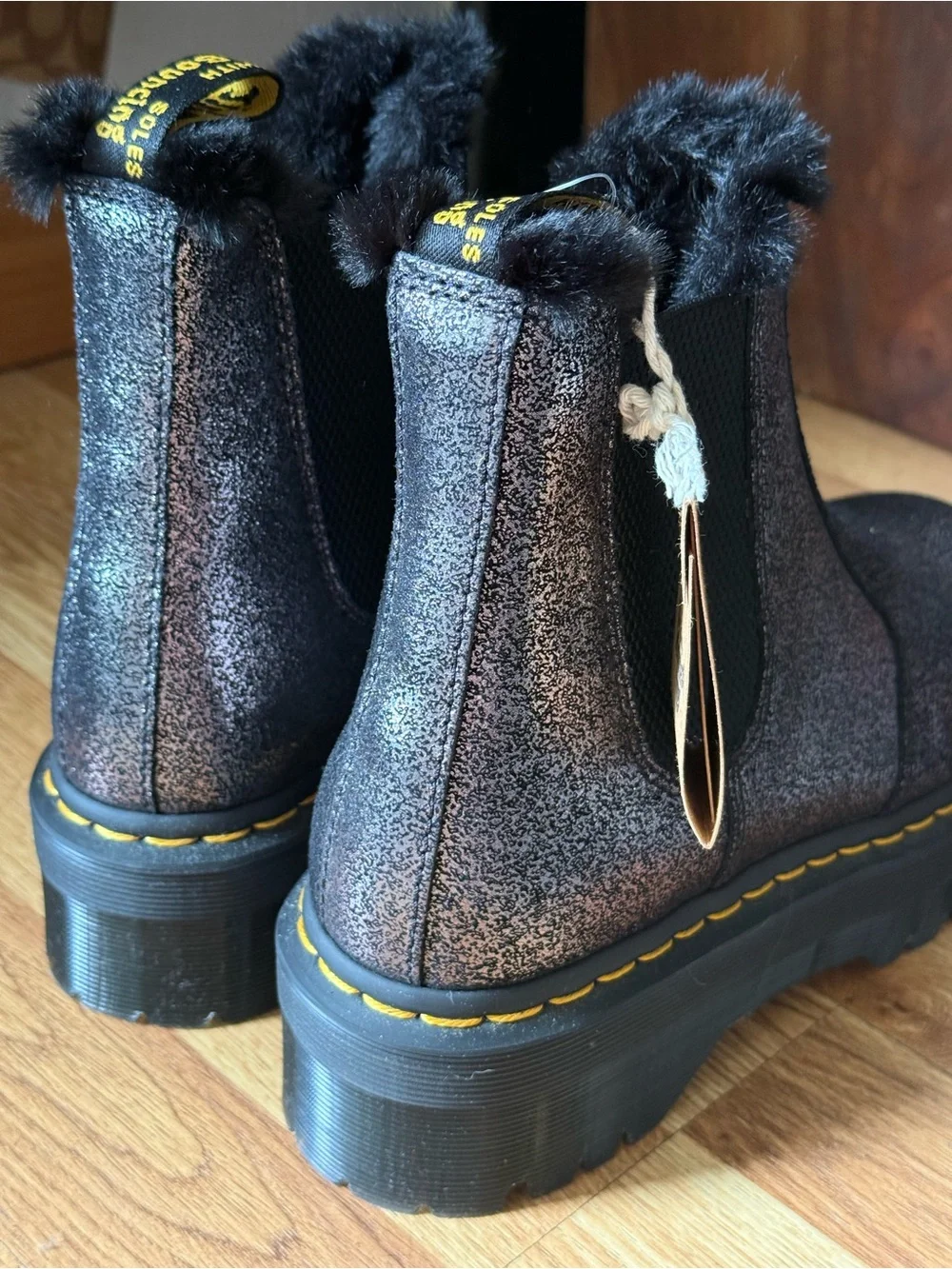 Dr. Martens Women's Black Metallic Chelsea Ankle Boots with Fur Trim